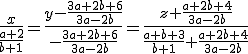  \frac{x}{\frac{a+2}{b+1}} = \frac{y-\frac{3a+2b+6}{3a-2b}}{-\frac{3a+2b+6}{3a-2b}} = \frac{z+\frac{a+2b+4}{3a-2b}}{\frac{a+b+3}{b+1}+\frac{a+2b+4}{3a-2b}} 